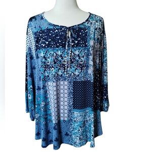 LINKS Boho Top Blue Patchwork Plus Size